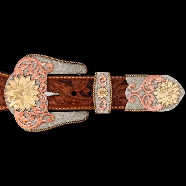 "Our Florence 3 Piece Buckle set is the lighter & brighter version of our best-seller, the Florence Classic! The base is crafted from top-quality German Silver with a matted finish. It's detailed with a Jeweler's Bronze rope edge, copper engraved